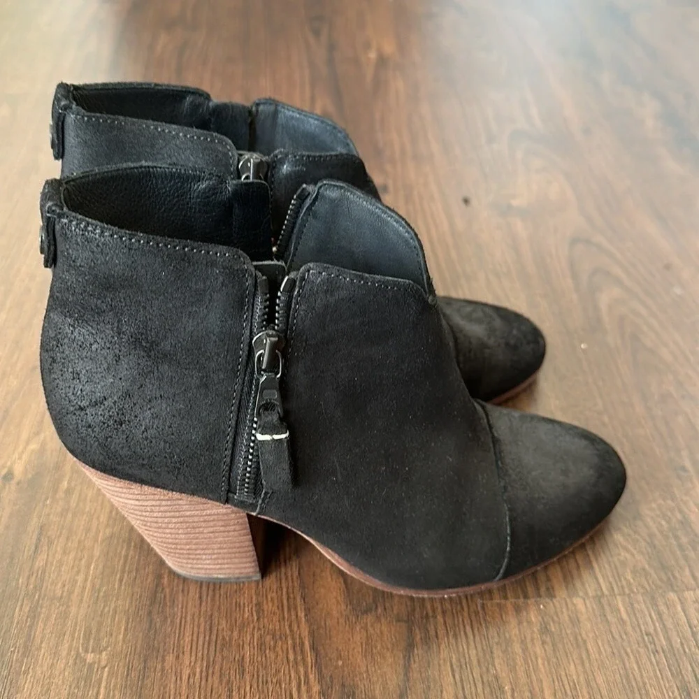 rag & bone Margot leather bootie black metal zip and brown heel.